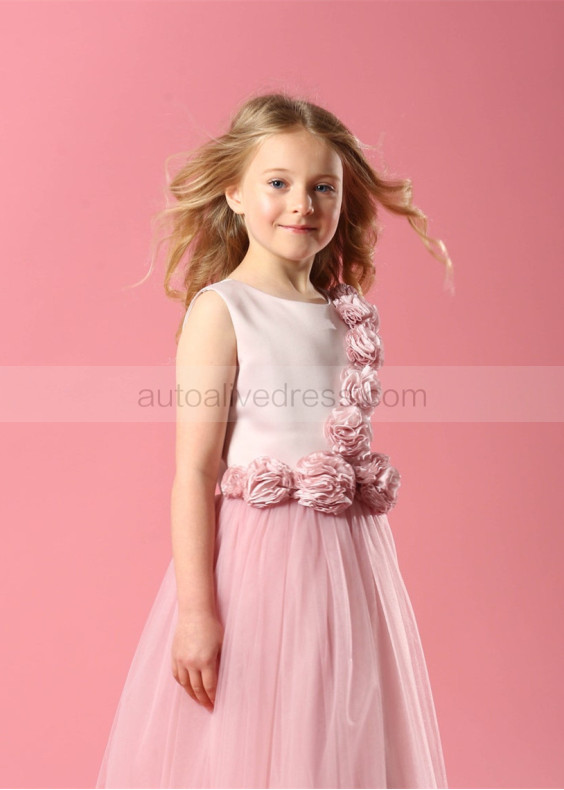 Rose Satin Tulle Flower Girl Dress Birthday Dress